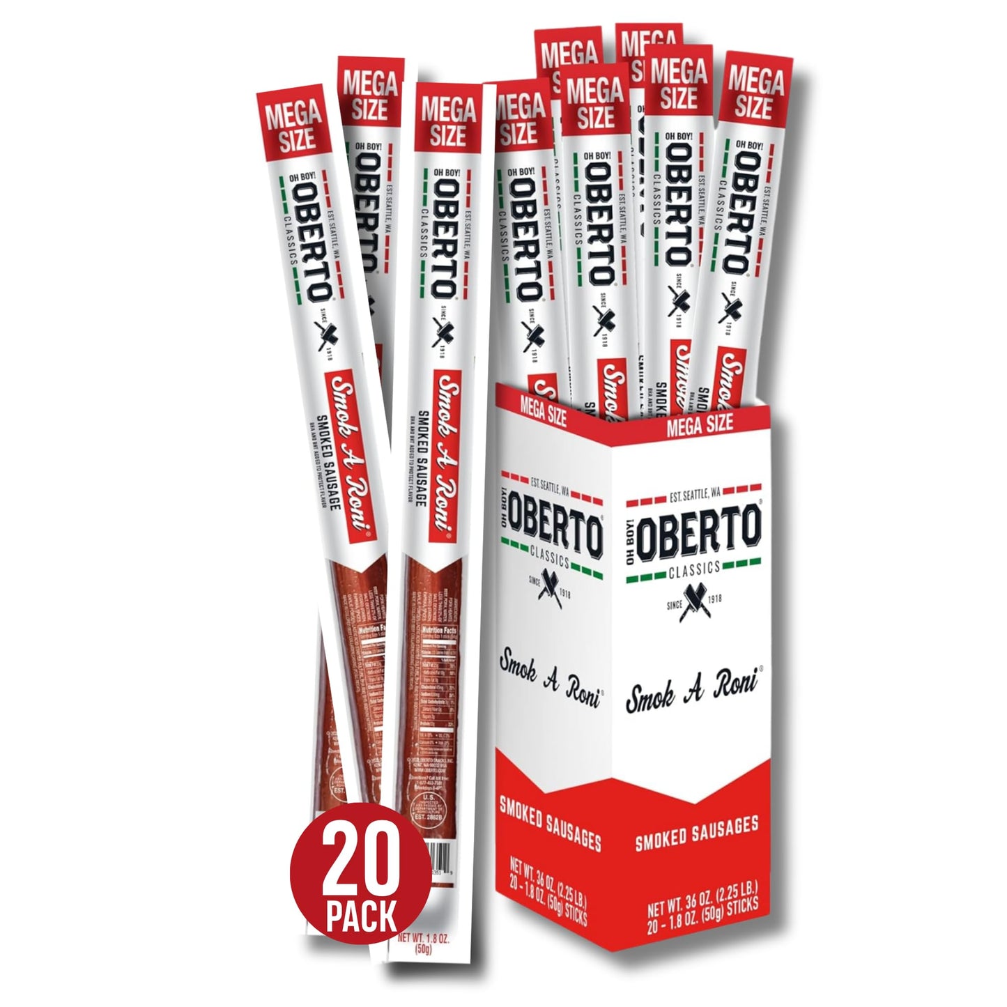 Oberto Smok-A-Roni Smoked Sausages, Mega Size, 1.8 Ounce (Pack of 20)