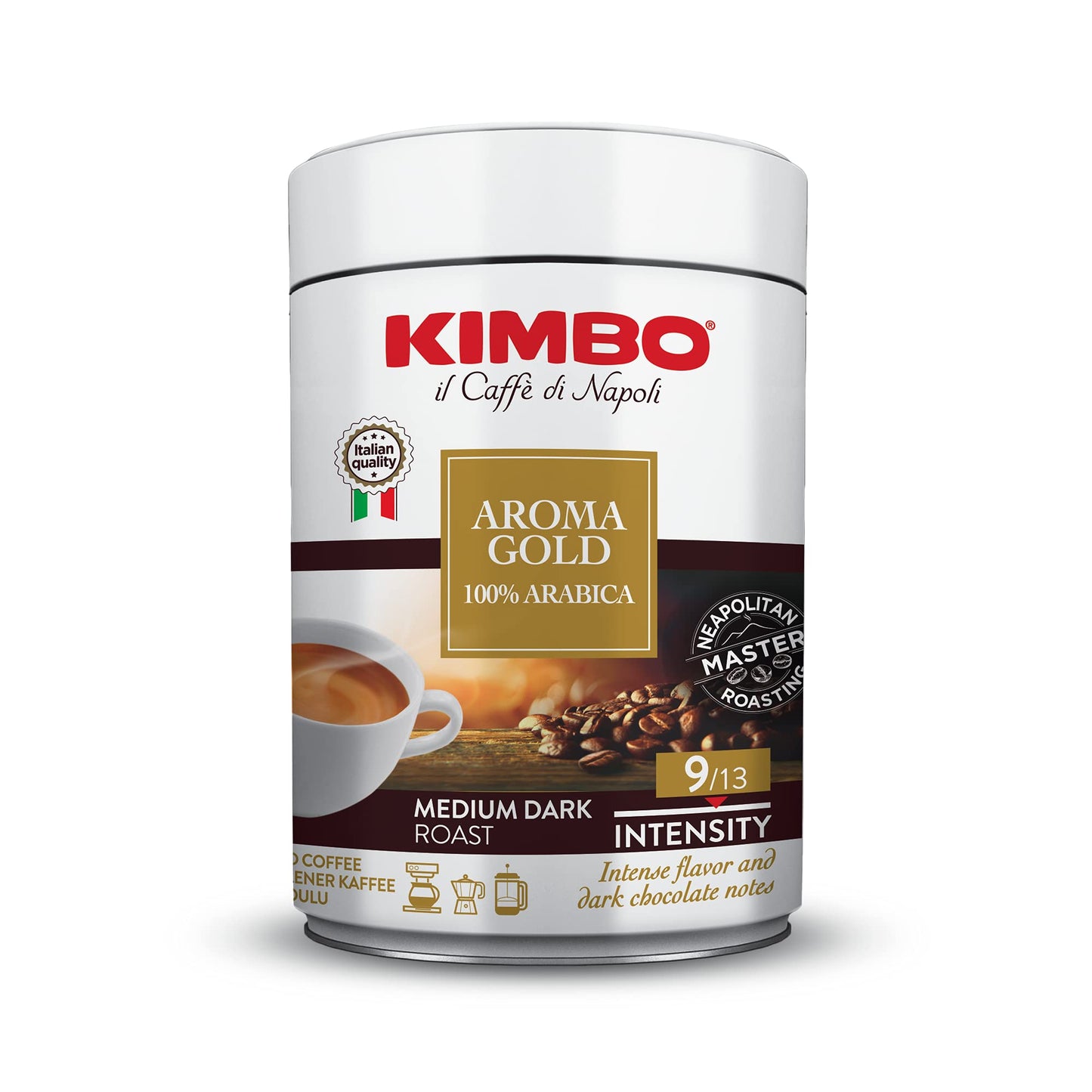 KIMBO Aroma Gold Ground Coffee, 100% Arabica, Medium Dark Roast, 8.8 oz Can, Intense Flavor, Dark Chocolate Notes