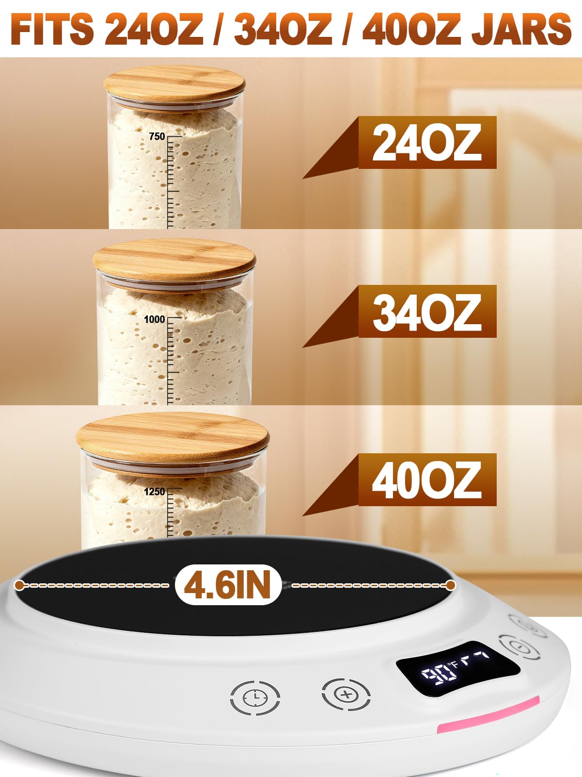 Sourdough Starter Warmer Kit - Precise 1F Temperature (70~120F Range) & 0~24H Timer Control Dough Heating Mat with 2 Thermometer