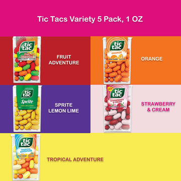 Tic Tacs Variety Pack Of 5 Fruity Flavors- Includes Orange Tic Tac, Tic Tac Fruit Adventure, Berry Adventure Tic Tacs, Strawberr