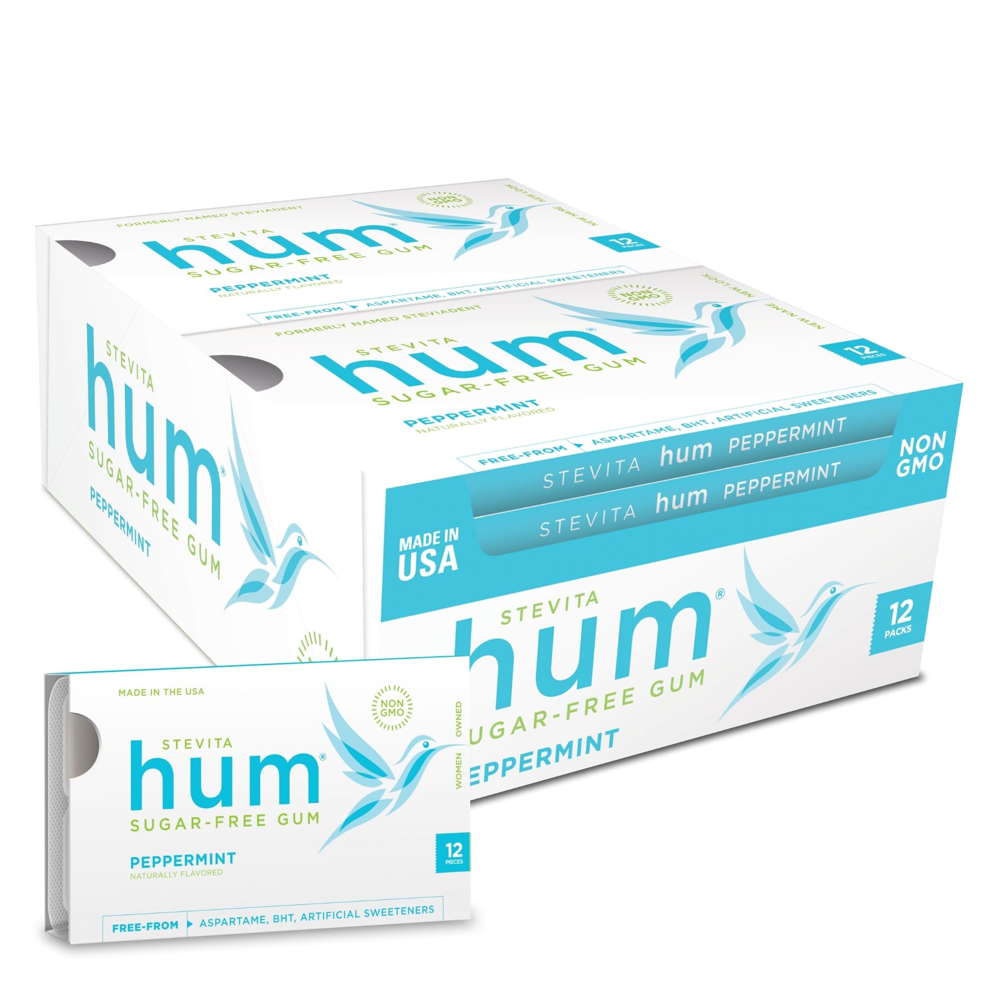 Stevita Hum, Peppermint - Sugar-Free Gum - 12 Pieces, Pack Of 12 - Supports Oral Health - Non-Gmo, Vegetarian, Keto, Gluten Free