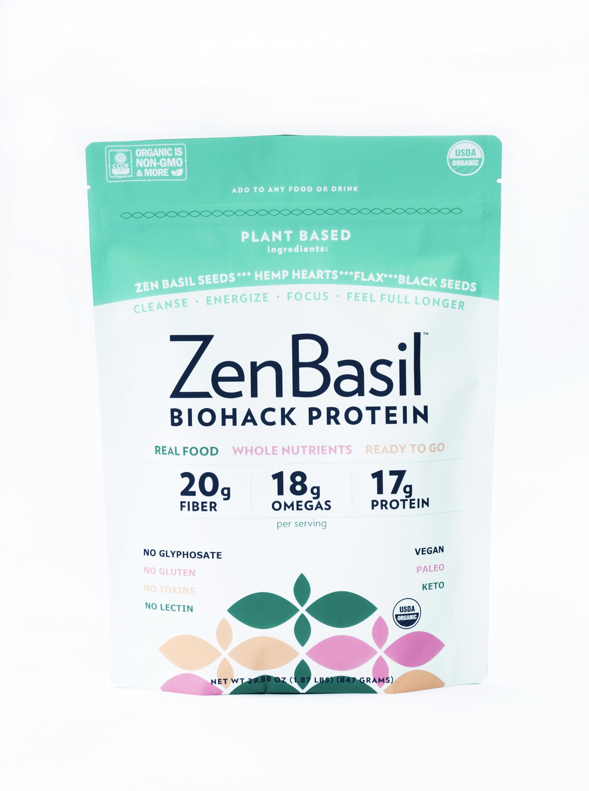 Zen Basil Biohack Protein Seeds | Flaxseed Meal, Hemp Hearts, Black Seeds | 20g Fiber, 18g Omegas, 17g Protein | USDA Organic