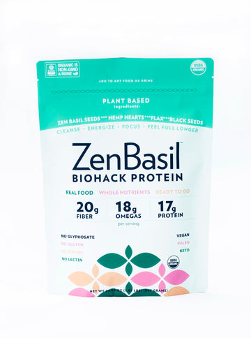 Zen Basil Biohack Protein Seeds | Flaxseed Meal, Hemp Hearts, Black Seeds | 20g Fiber, 18g Omegas, 17g Protein | USDA Organic