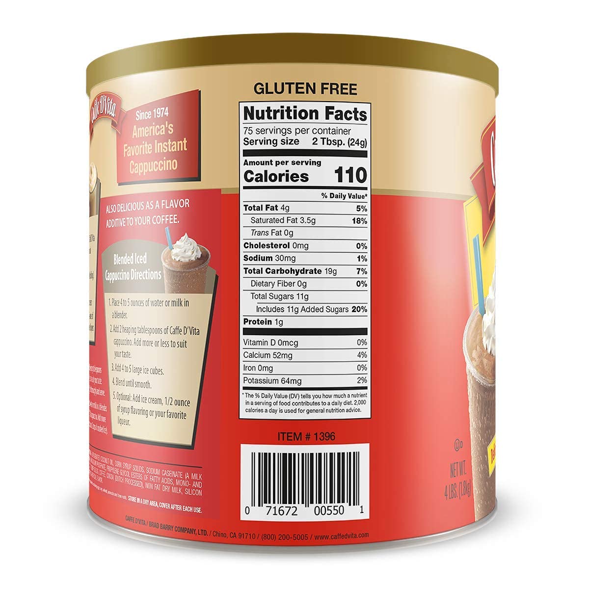 Caffe DVita Mocha Cappuccino Mix, Instant Gluten-Free Powder, 64 Ounce