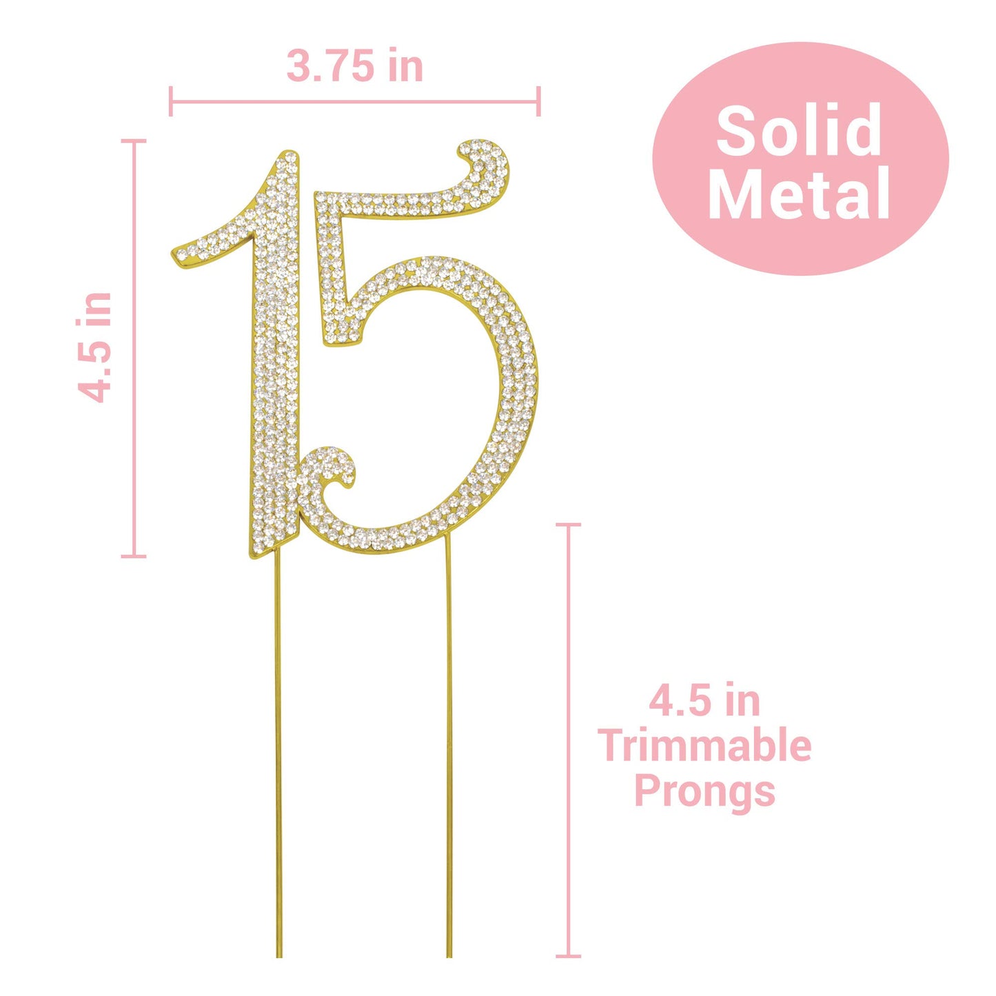 Crystal Creations 15 Cake Topper - Premium Gold Metal with Rhinestones - 1 Count - Perfect for 15th Birthday or Anniversary Party