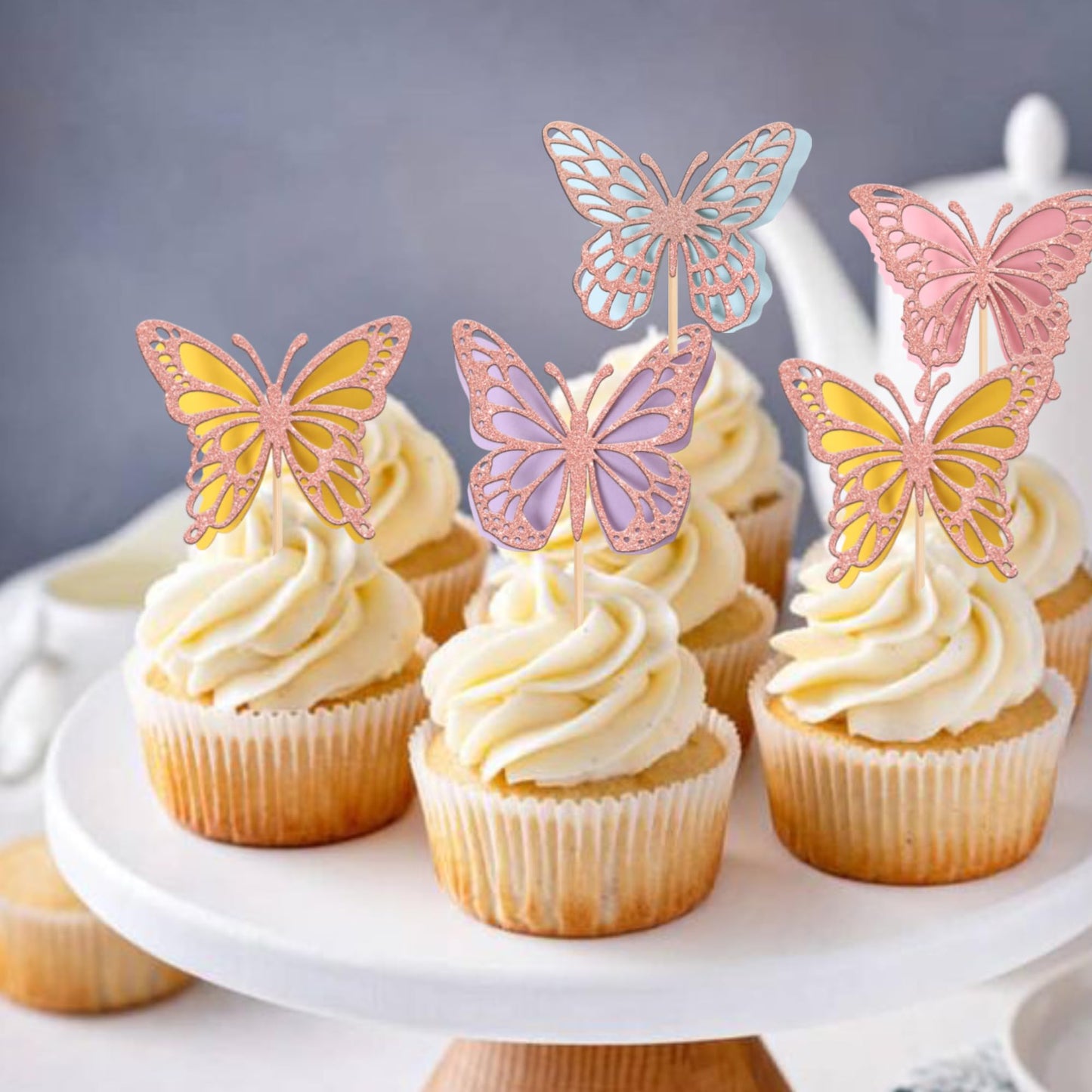 24 Pcs Butterfly Cupcake Toppers Assembled Rose Gold Glitter Double Layers 3D Butterfly Baby Shower Cupcake Food Picks Decoratio