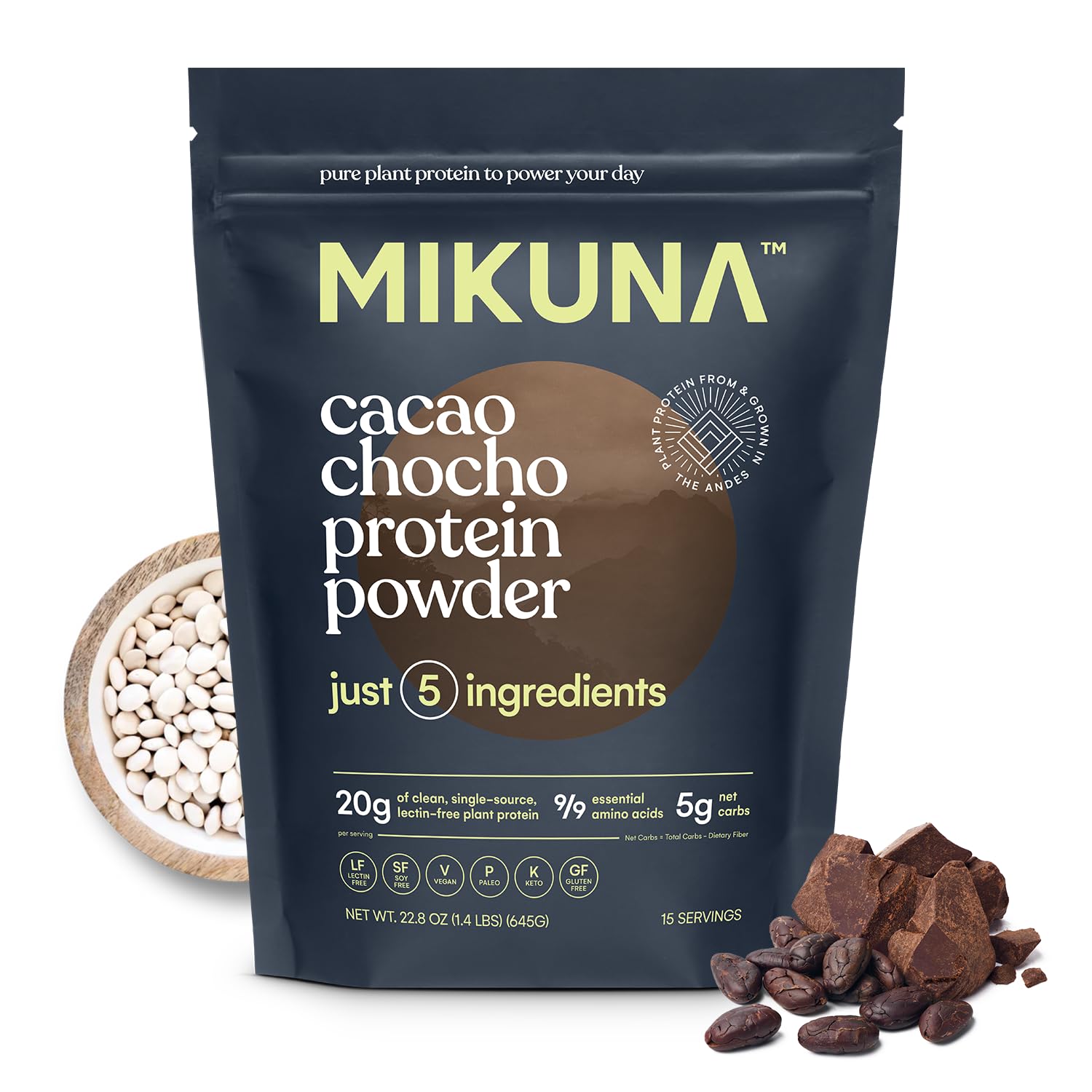 Mikuna Vegan Protein Powder (Cacao, 15 Servings) - Plant Based Chocho Superfood Protein - Dairy Free Protein Powder Packed with 