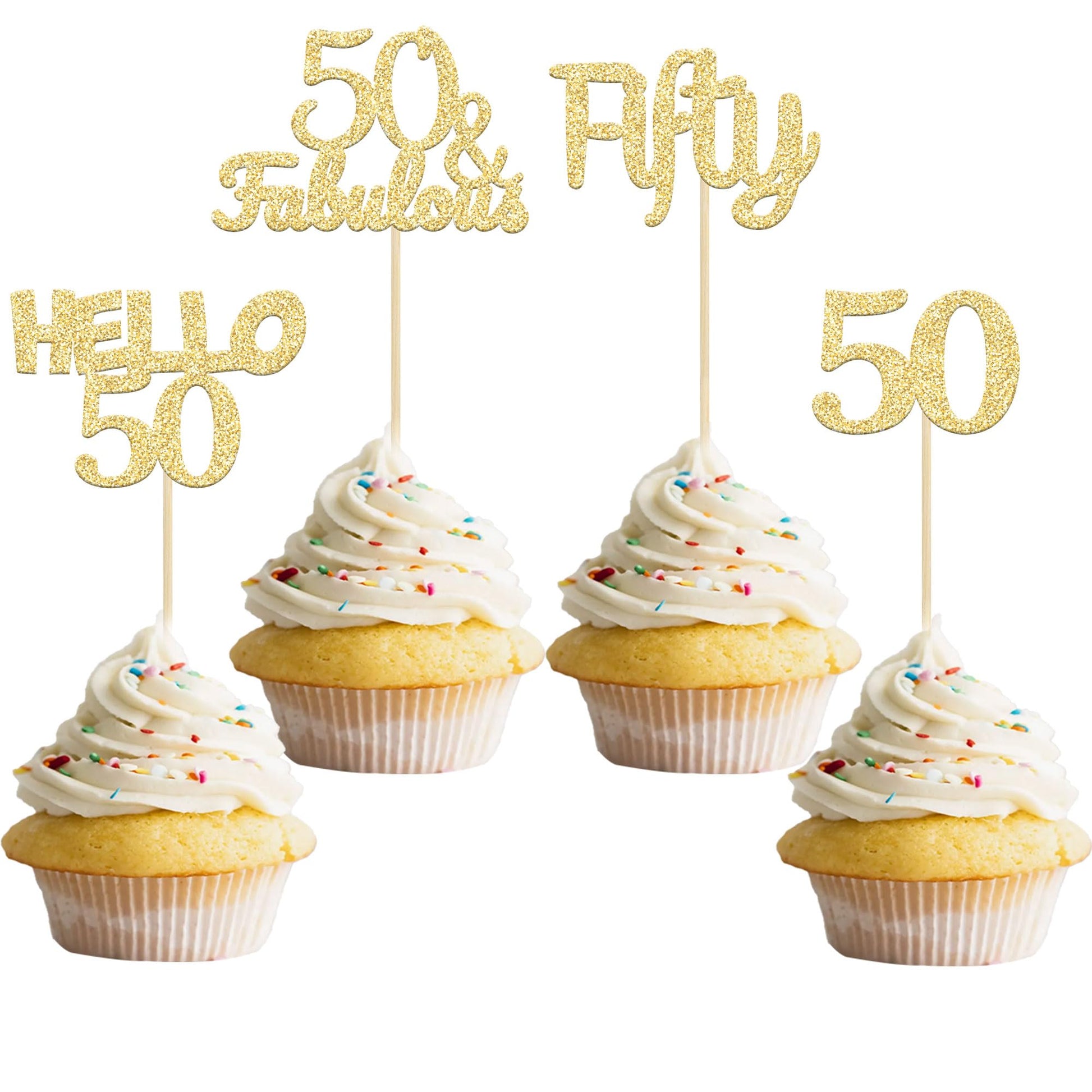 Gyufise 24Pcs Gold Glitter 50Th Birthday Cupcake Toppers 50 & Fabulous Cake Decorations Hello 50 Fifty Cupcake Picks 50Th Birthd