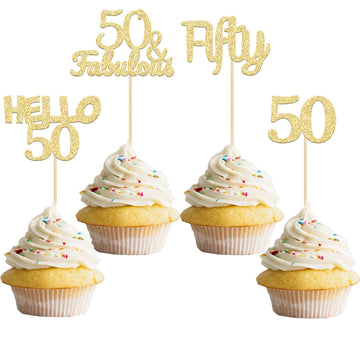 Gyufise 24Pcs Gold Glitter 50Th Birthday Cupcake Toppers 50 & Fabulous Cake Decorations Hello 50 Fifty Cupcake Picks 50Th Birthd