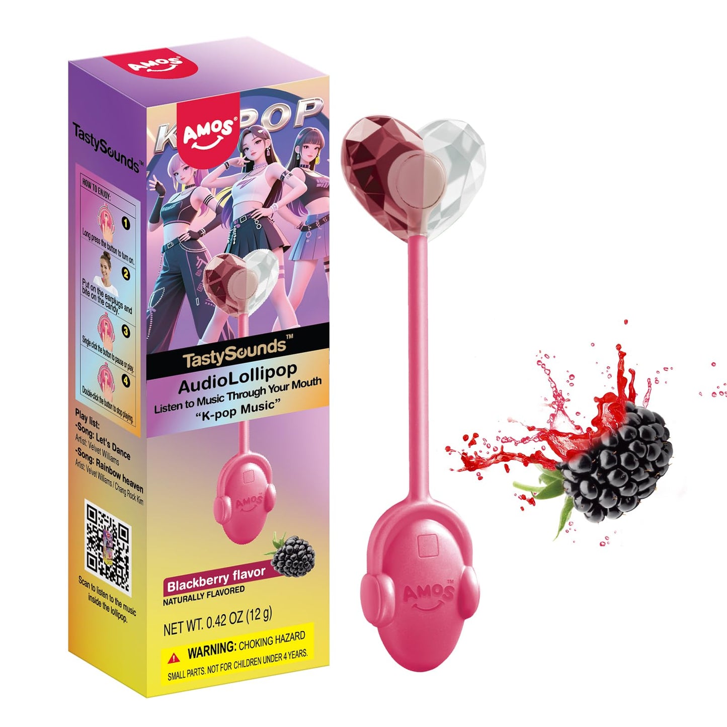 Amos Music Lollipop Candy  Audio Sinflavor Blendg Lollipop With Korean Music  Individually Wrapped Wild Berry Flavor (1 Pack) | Unique Halloween & Holiday Gift For Music Lovers