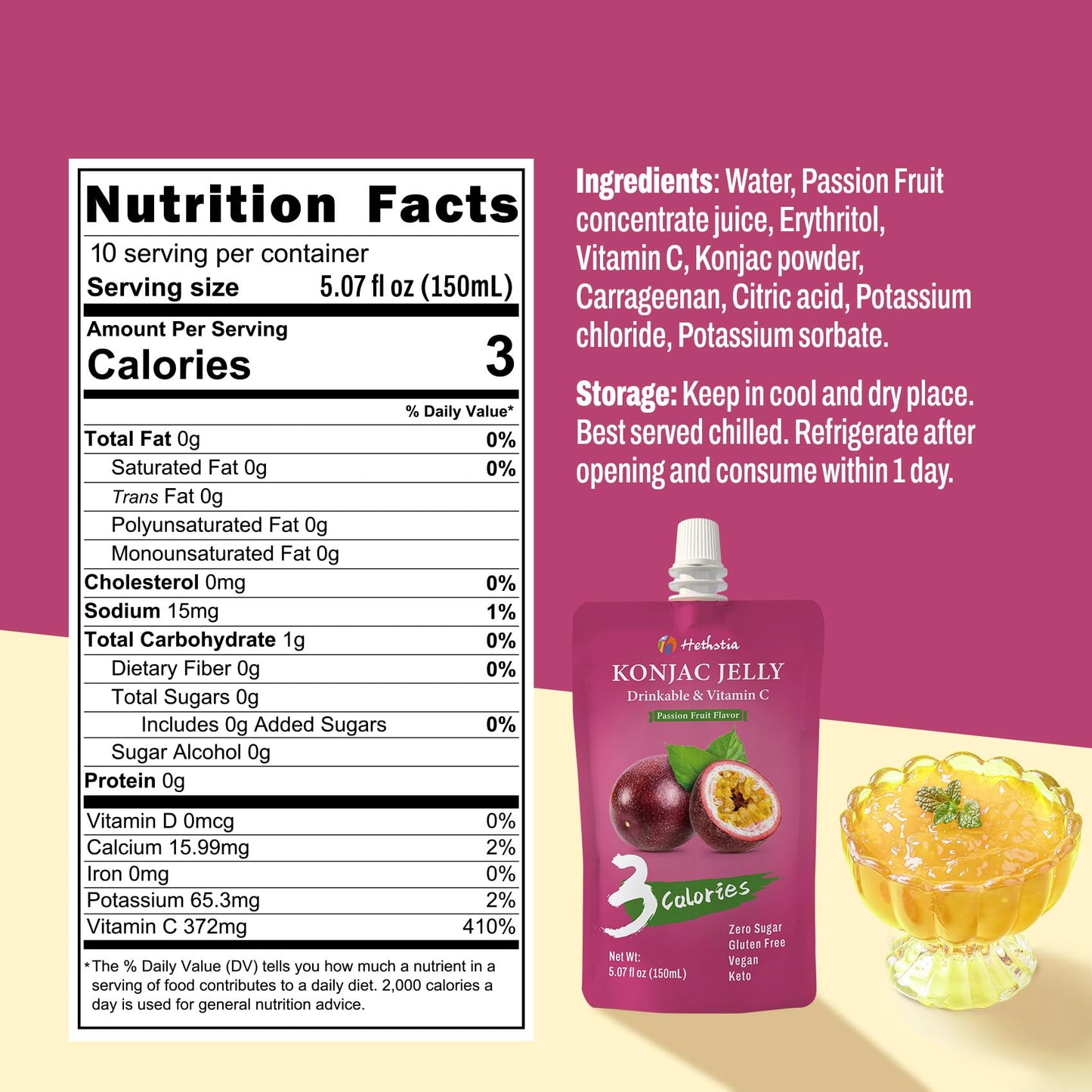 Hethstia Konjac Jelly Drinkable Squeeze Pouch Passion Fruit Flavor, 3 Calories, 10 Packs, 0 Sugar, Vegan, Gluten Free, Keto, Vit