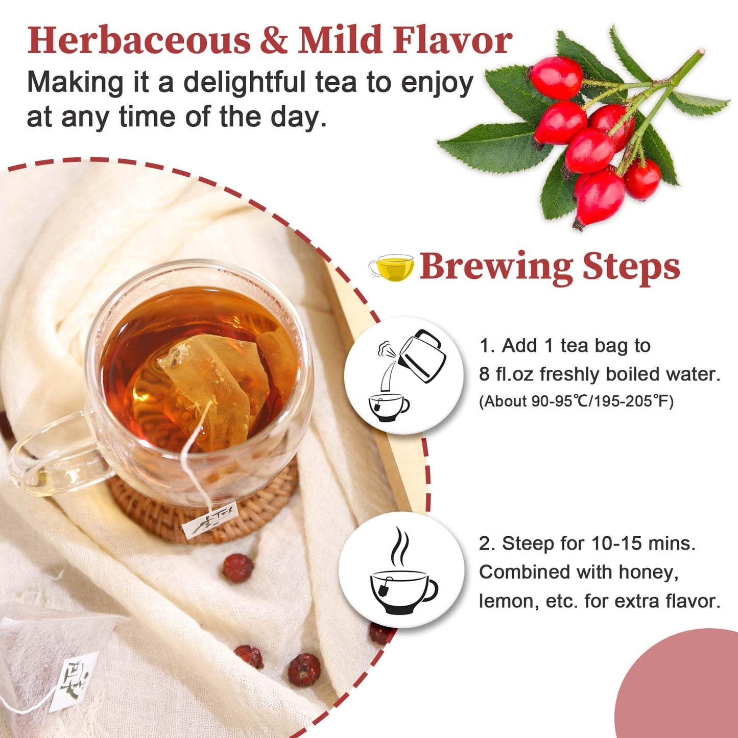 FullChea Rose Hips Tea Bags - 50 Count, Non-GMO, Caffeine-free, Supports Digestion & Immunity