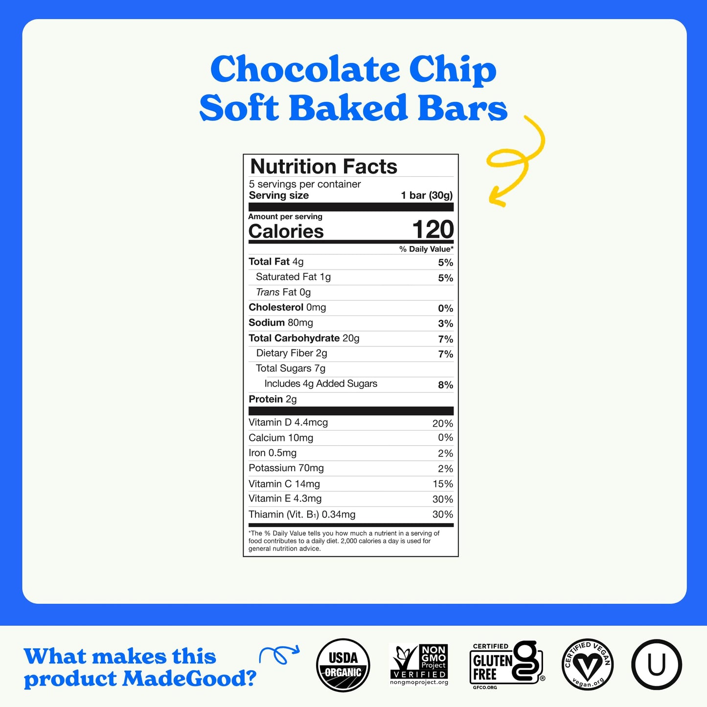MadeGood Morning Chocolate Chip Bars, 5ct/5.3oz, Organic Snacks