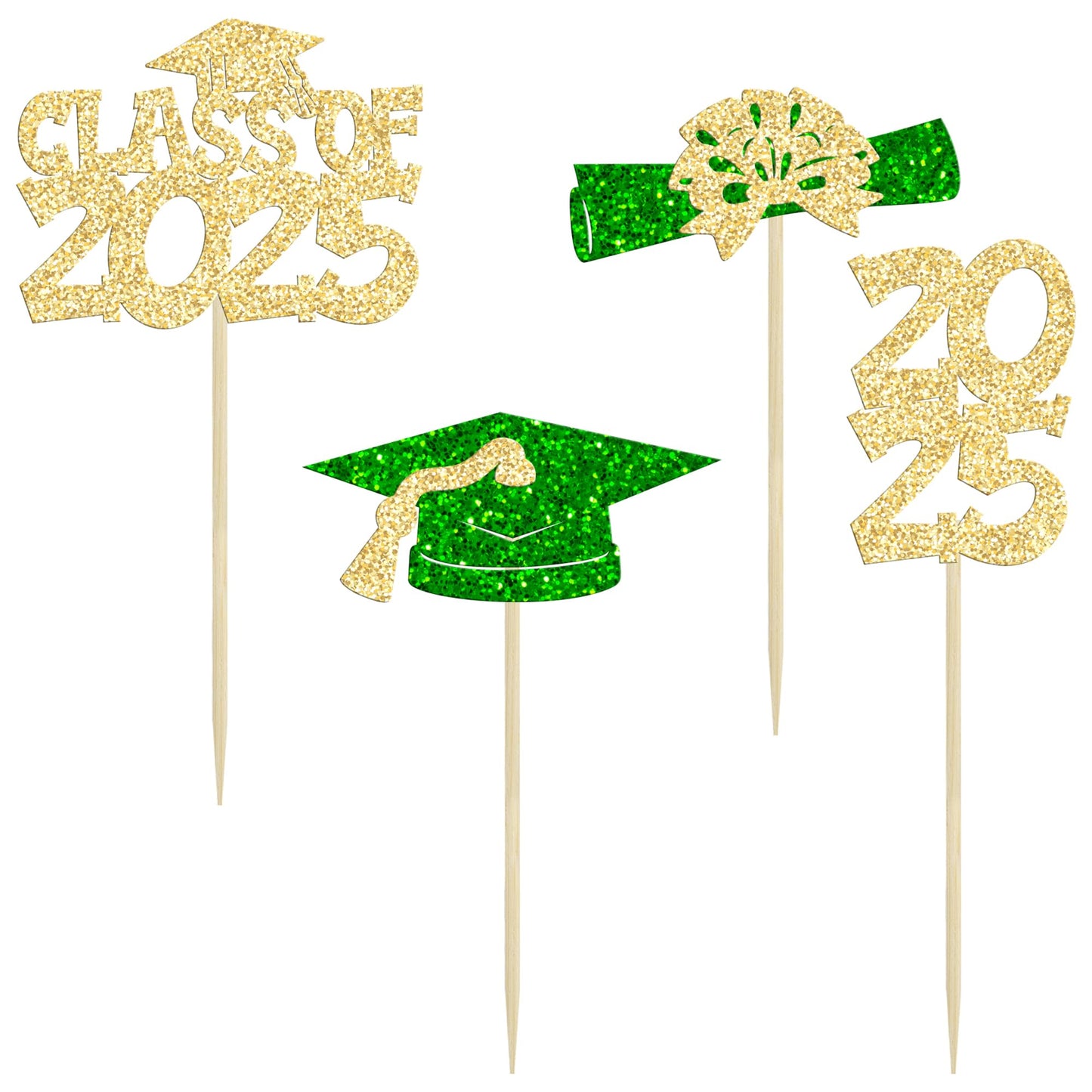 Ephlyn Graduation Cupcake Toppers 36Pcs Glitter Class of 2025 Gold Green Decorations