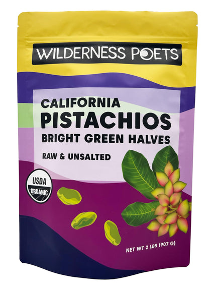 Wilderness Poets, Organic Pistachios - Bright Green Pistachio Nut Halves, No Salt, Grown in California (2 Pound)