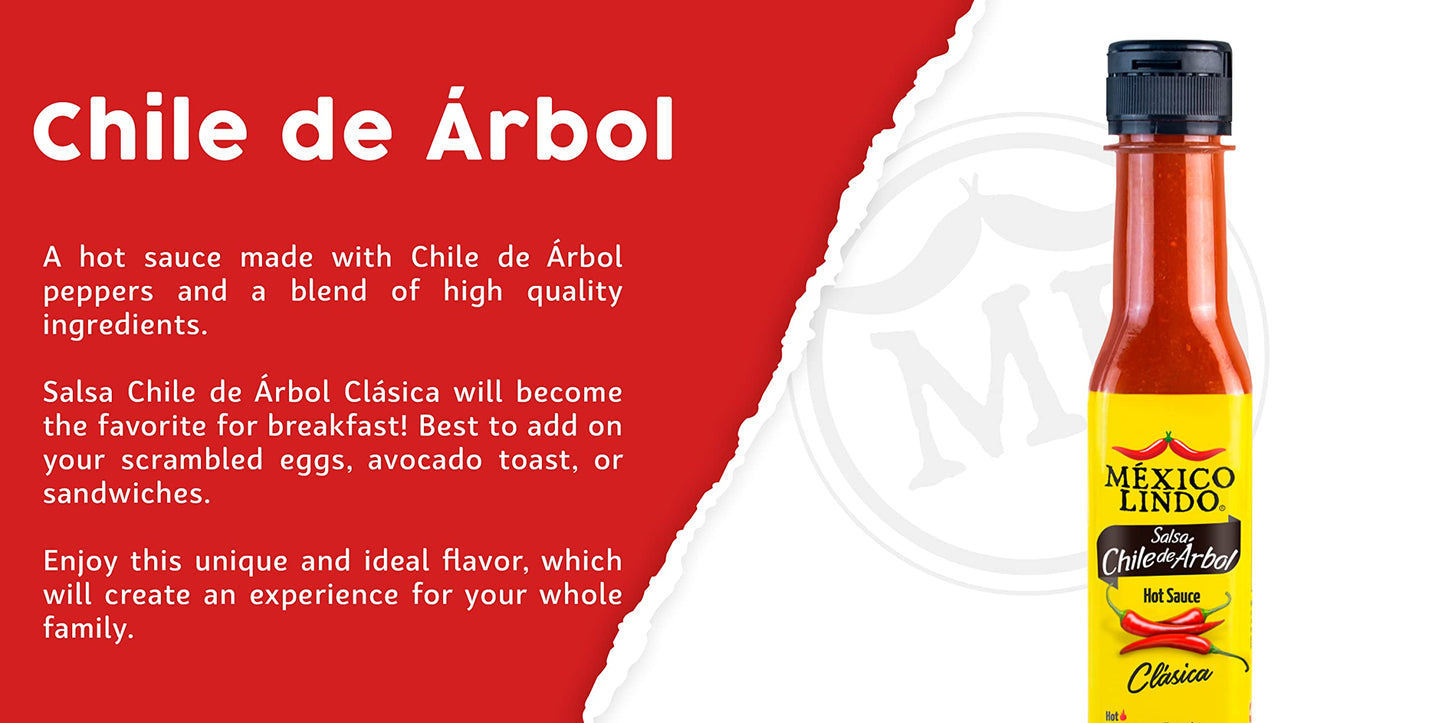 Mexico Lindo Chile de Arbol Hot Sauce Ingredients | 12,190 Scoville Level | Classic Flavor | 5 Fl Oz Bottles (Pack of 12)