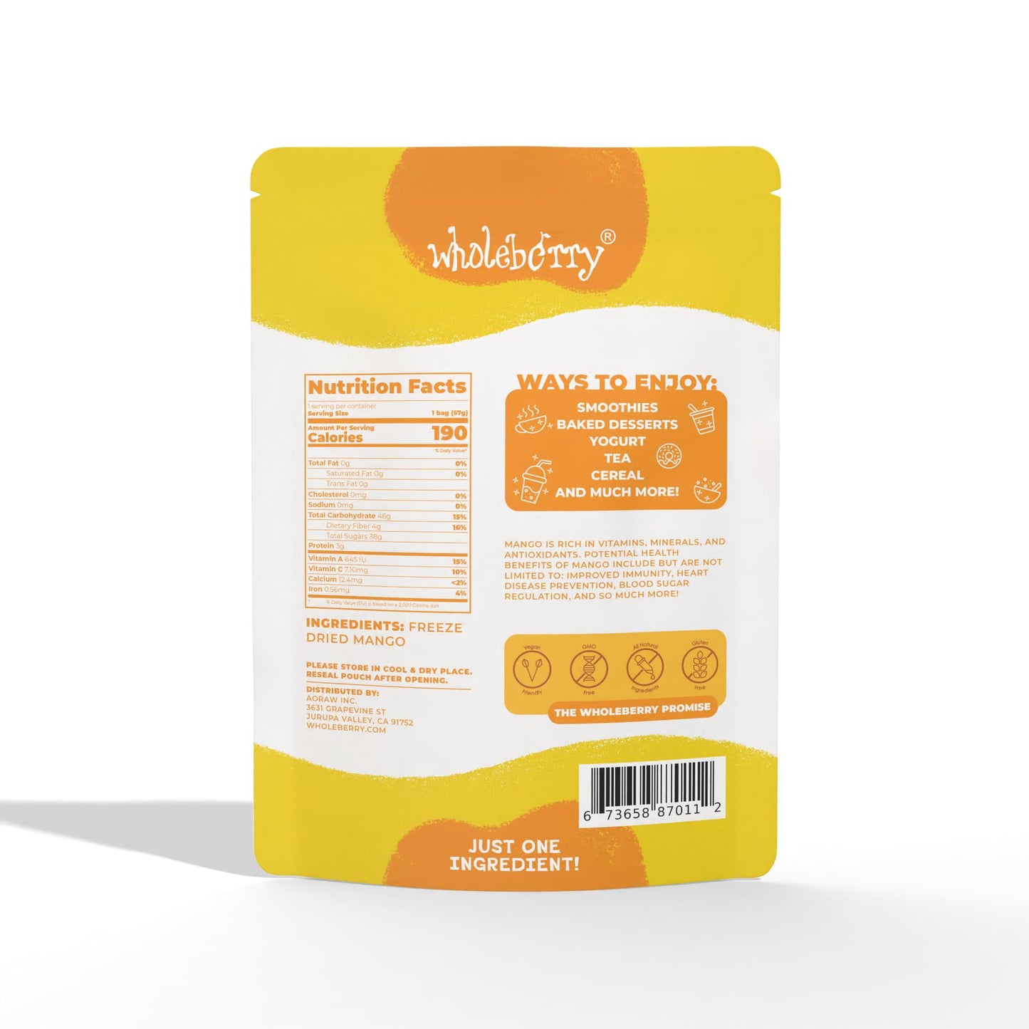 Wholeberry Freeze Dried Mango 2Oz Freeze Dried Fruit Snack Perfect For Smoothies, Baking, Yogurt & Tea - 100% Natural Ripe Fruit