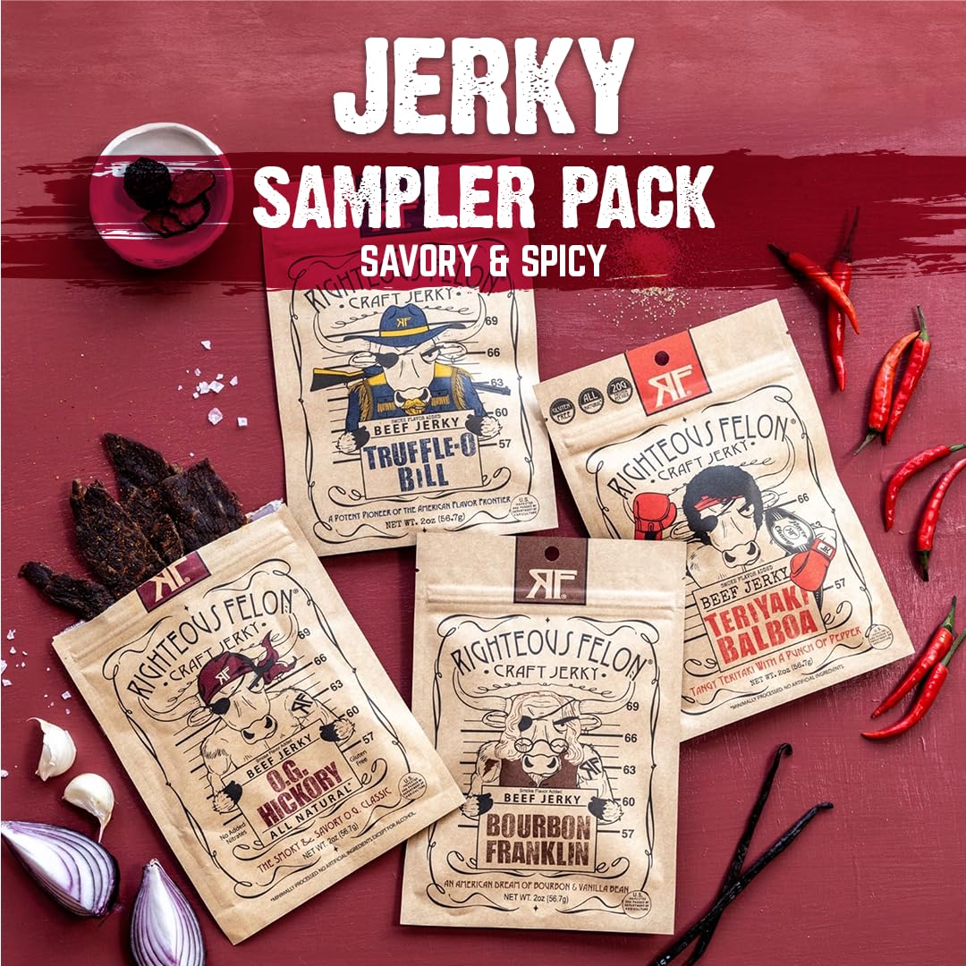Righteous Felon Beef Jerky - All-Natural Low-Sugar Healthy Snack - 8 Ounce Sampler Pack