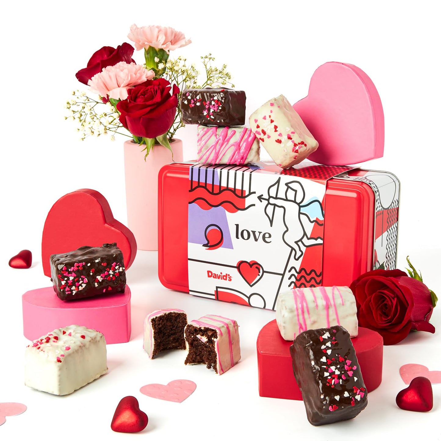 Davids Cookies Chocolate Brownies Gift In Love Sweet Sampler Tin - 8Pcs Assorted Chocolate Covered Brownies - Individually Wrapped Oven-Fresh Baked Brownies Tin Gift Basket