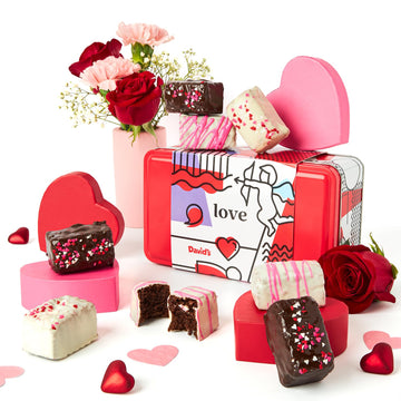 Davids Cookies Chocolate Brownies Gift In Love Sweet Sampler Tin - 8Pcs Assorted Chocolate Covered Brownies - Individually Wrapped Oven-Fresh Baked Brownies Tin Gift Basket