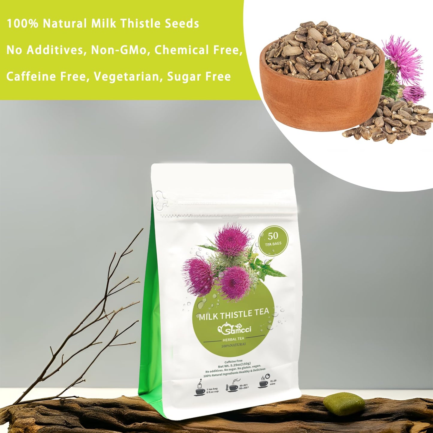 SAMCCI Milk Thistle Tea Bags - 50 Count, 100% Natural, Caffeine Free, Non-GMO, No Additives, No Sugar, Herbal Tea