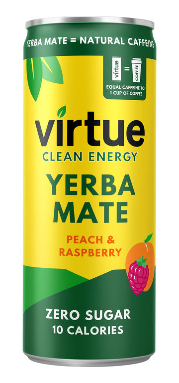 Virtue Yerba Mate, Peach & Raspberry - Natural Energy Drink - Sugar Free, Zero Calories, 8.4 oz (Pack of 12)