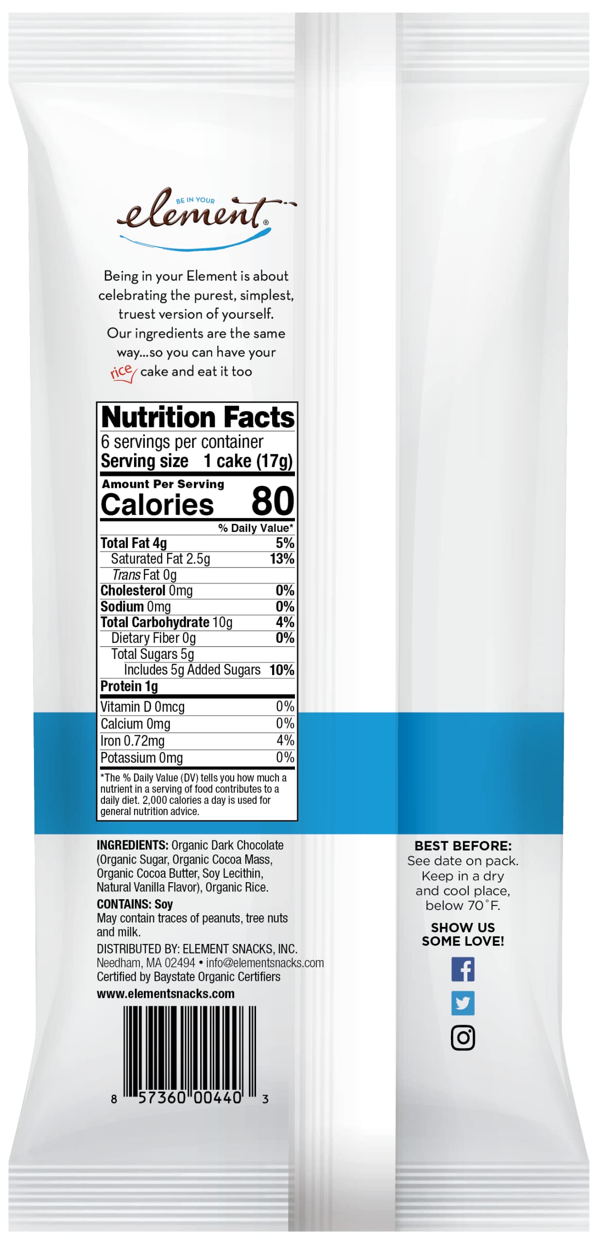Element Snacks - Dark Chocolate Rice Cakes (Pack Of 8), All-Natural Rice, Organic Healthy Snacks For Kids Or Adults, Non Gmo, Ce