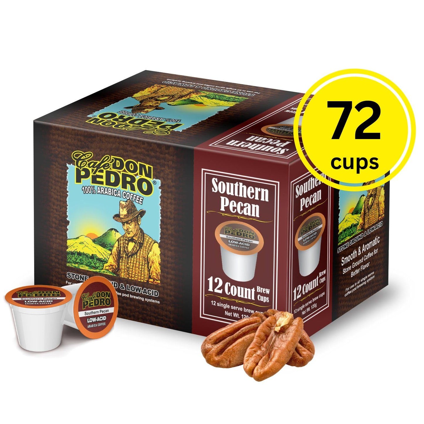 Cafe Don Pedro Southern Pecan Low Acid Coffee Pods, 12 Count - Compatible With Keurig K Cups Coffee Maker - 100% Arabica, Stone