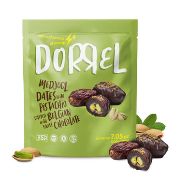 Dorrel Belgian Dark Chocolate Covered Medjool Dates Stuffed with Pistachios, Nutritious and Tasty Dark Chocolate Pistachio Nuts,