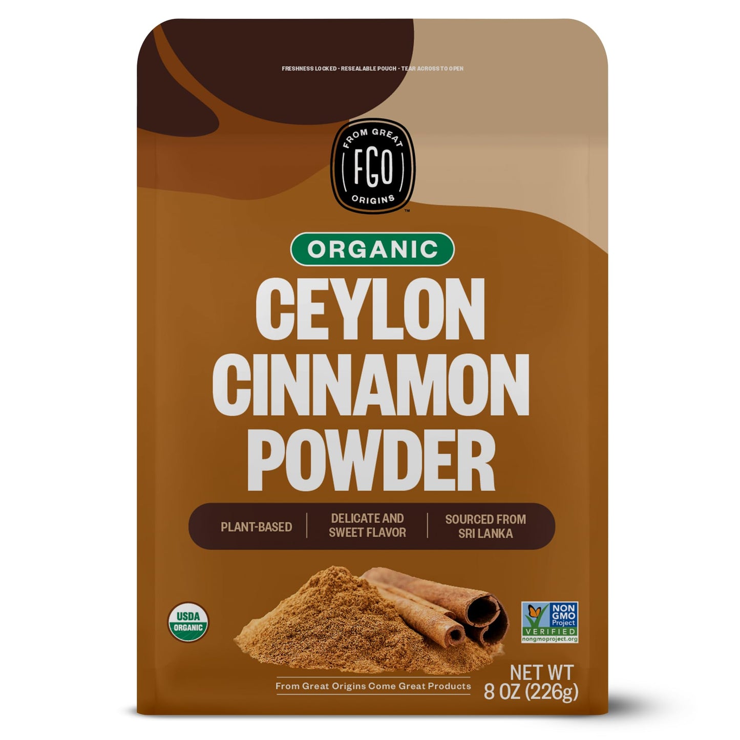 FGO Organic Ceylon Cinnamon Powder, 8oz Resealable Kraft Bag, Perfect for Baking & Cooking