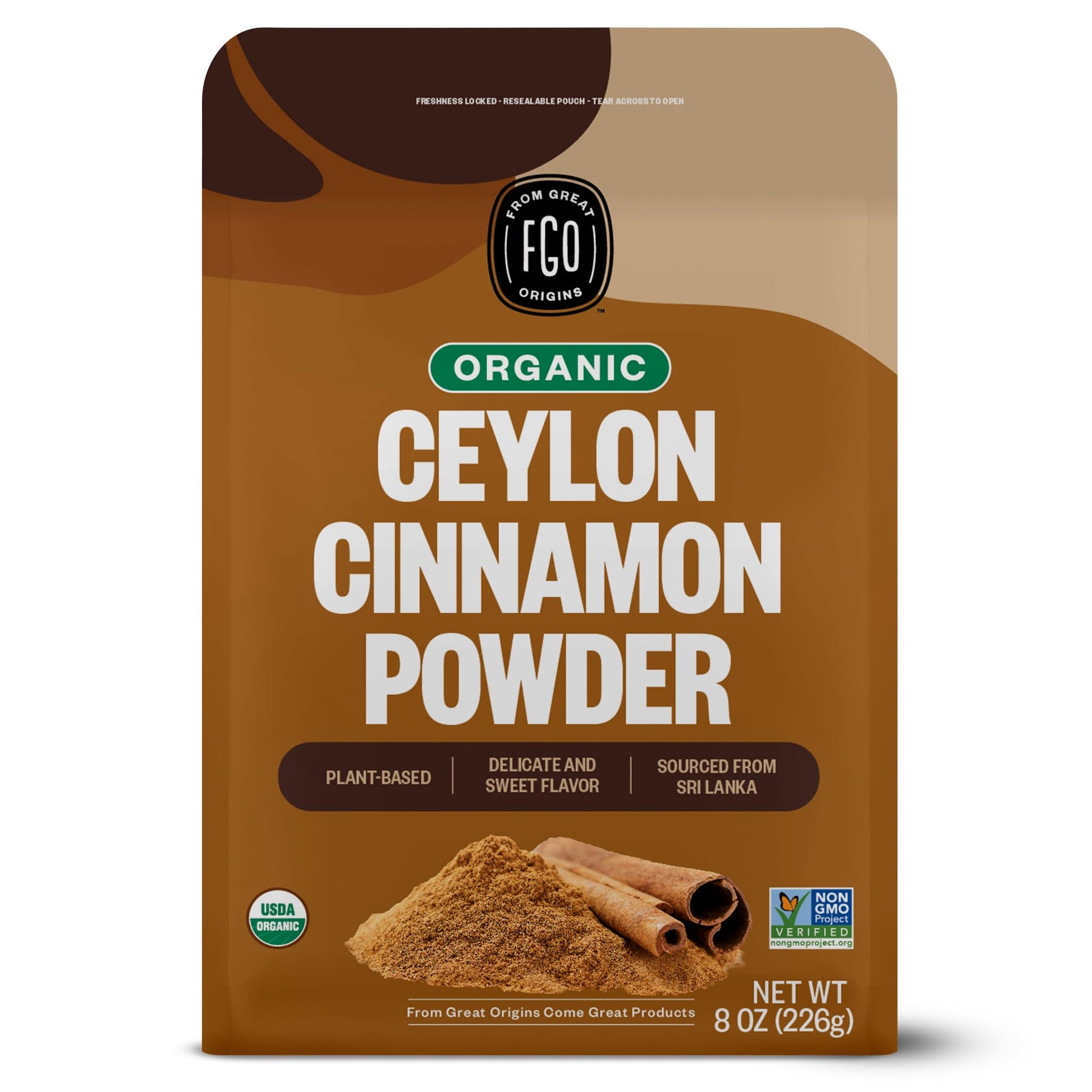 FGO Organic Ceylon Cinnamon Powder, 8oz Resealable Kraft Bag, Perfect for Baking & Cooking
