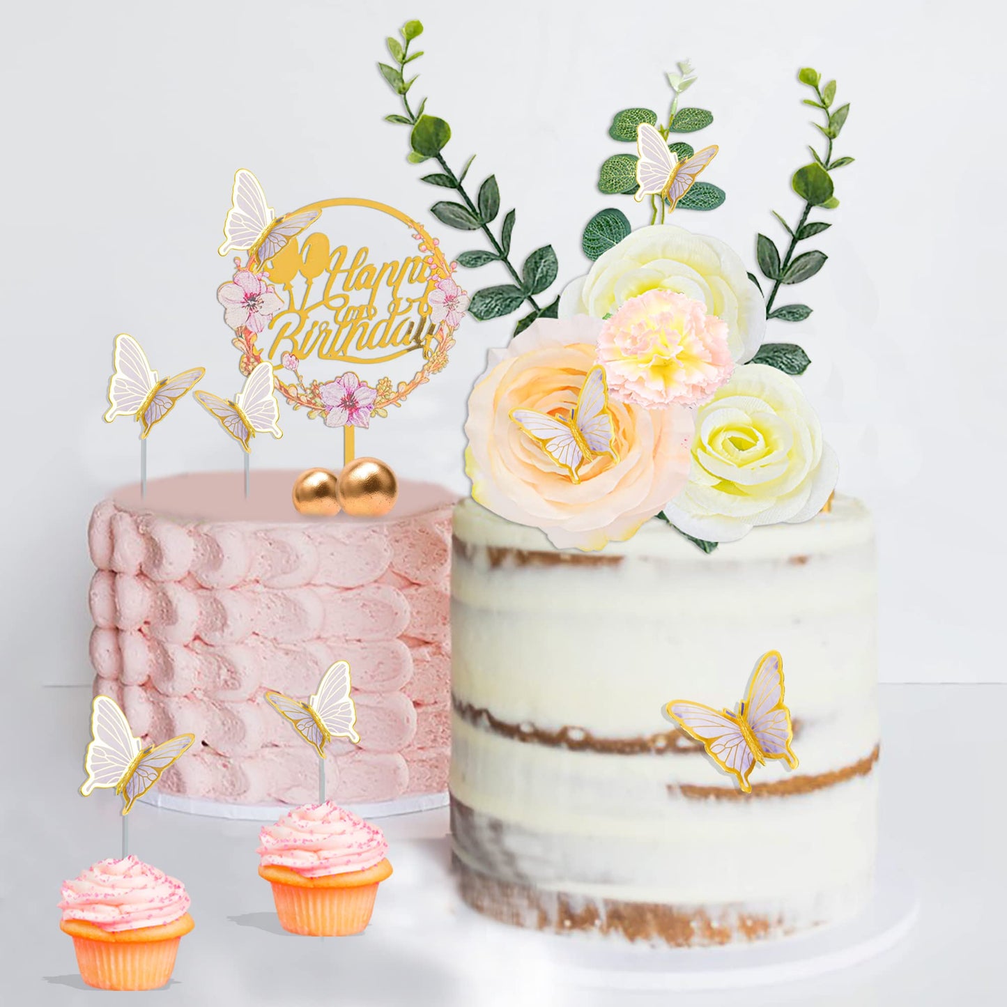 28Pcs Flower Cake Topper 3D Butterfly Acrylic Happy Birthday Cake Toppers Artificial Carnation Rose Flowers Eucalyptus Leaves Ca