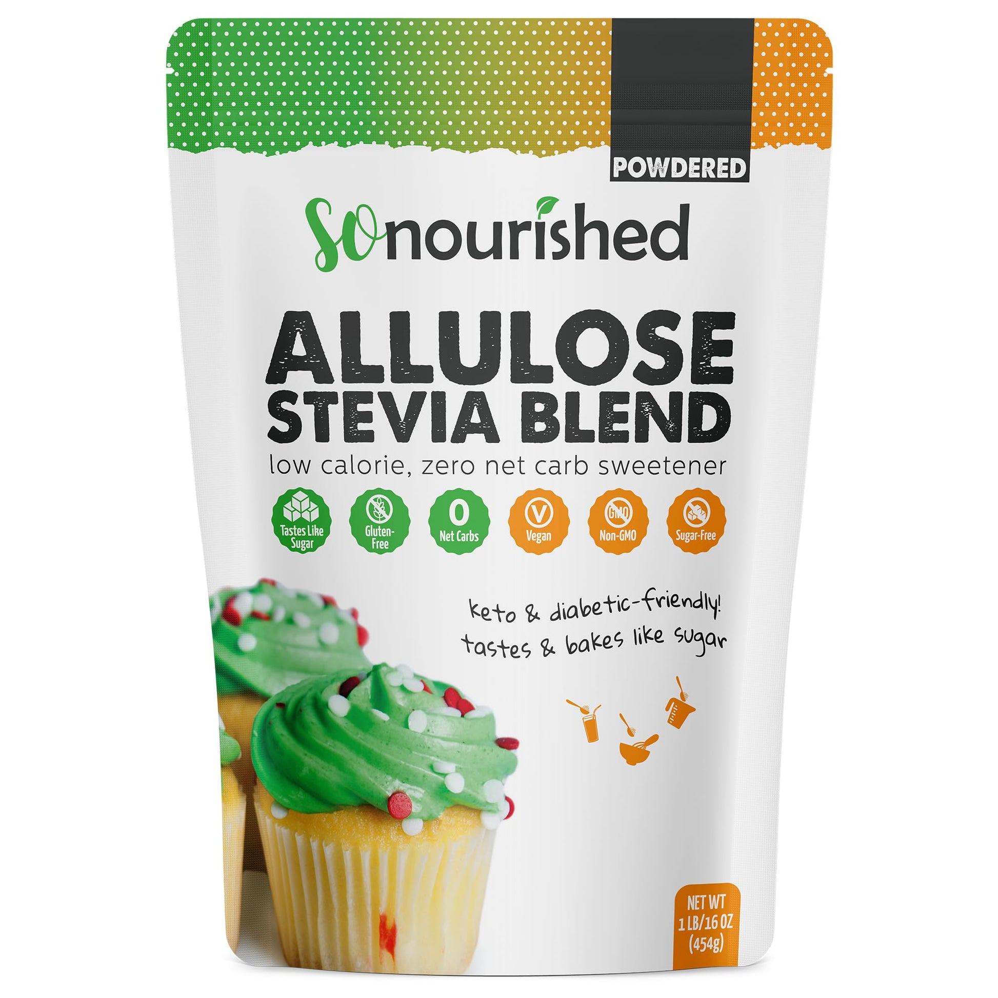 So Nourished Stevia Allulose Sweetener Powder - 1:1 Sugar Substitute, Keto, 0 Calorie, 16 oz