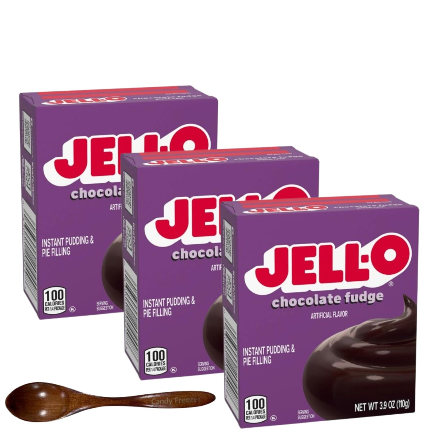 Jell-O Instant Pudding & Pie Filling Mix 3.9 oz Box (Pack of 3) with Candy Freezer Wooden Spoon (Chocolate Fudge) - Wooden Spoon