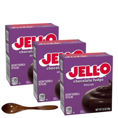 Jell-O Instant Pudding & Pie Filling Mix 3.9 oz Box (Pack of 3) with Candy Freezer Wooden Spoon (Chocolate Fudge) - Wooden Spoon