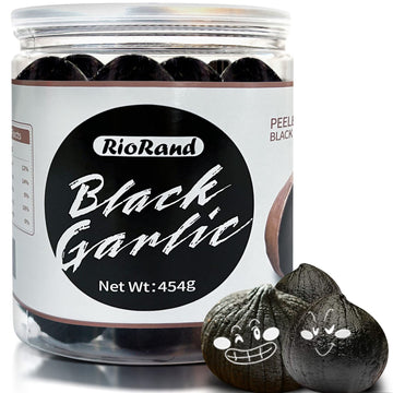 RioRand Black Garlic 454g / 1 Pound Whole Peeled Black Garlic Aged for Full 90 Days Black Garlic Jar Equal to 2lbs of Whole Blac