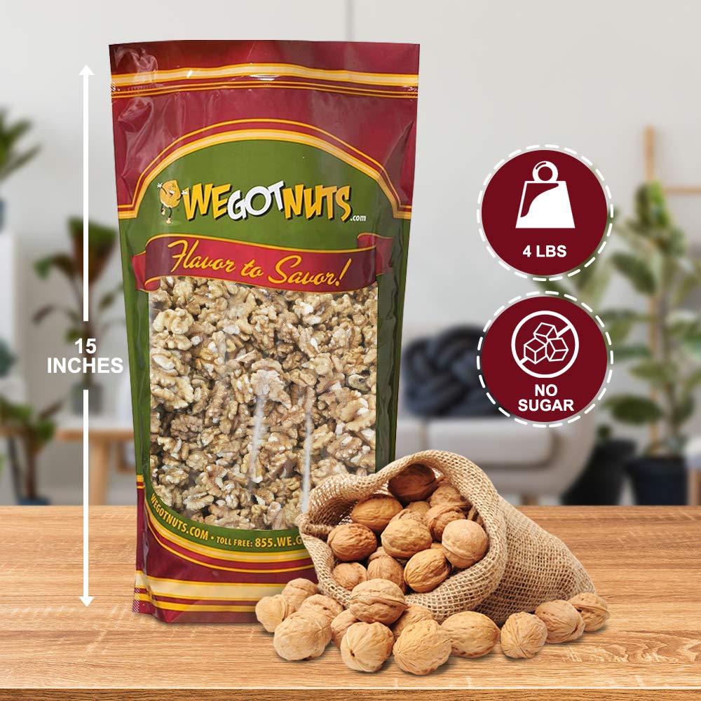 California Raw Walnuts- 4 Pounds, Resealable Package-Fresh, No Shell, Unsalted-All Natural Dry Halves And Chopped Pieces-For Sna