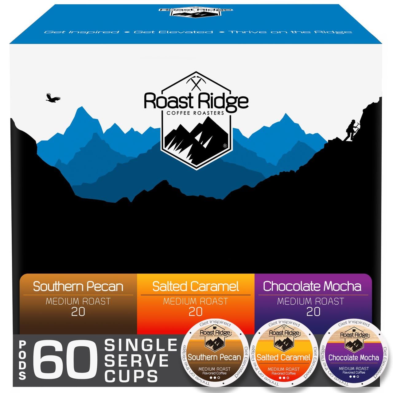 Roast Ridge Single Serve Coffee Pods For Keurig K-Cup Beverage Makers  Flavored Variety Pack  Medium Roast  60 Count (20 Each: Southern Pecan  Salted Caramel  Chocolate Mocha)