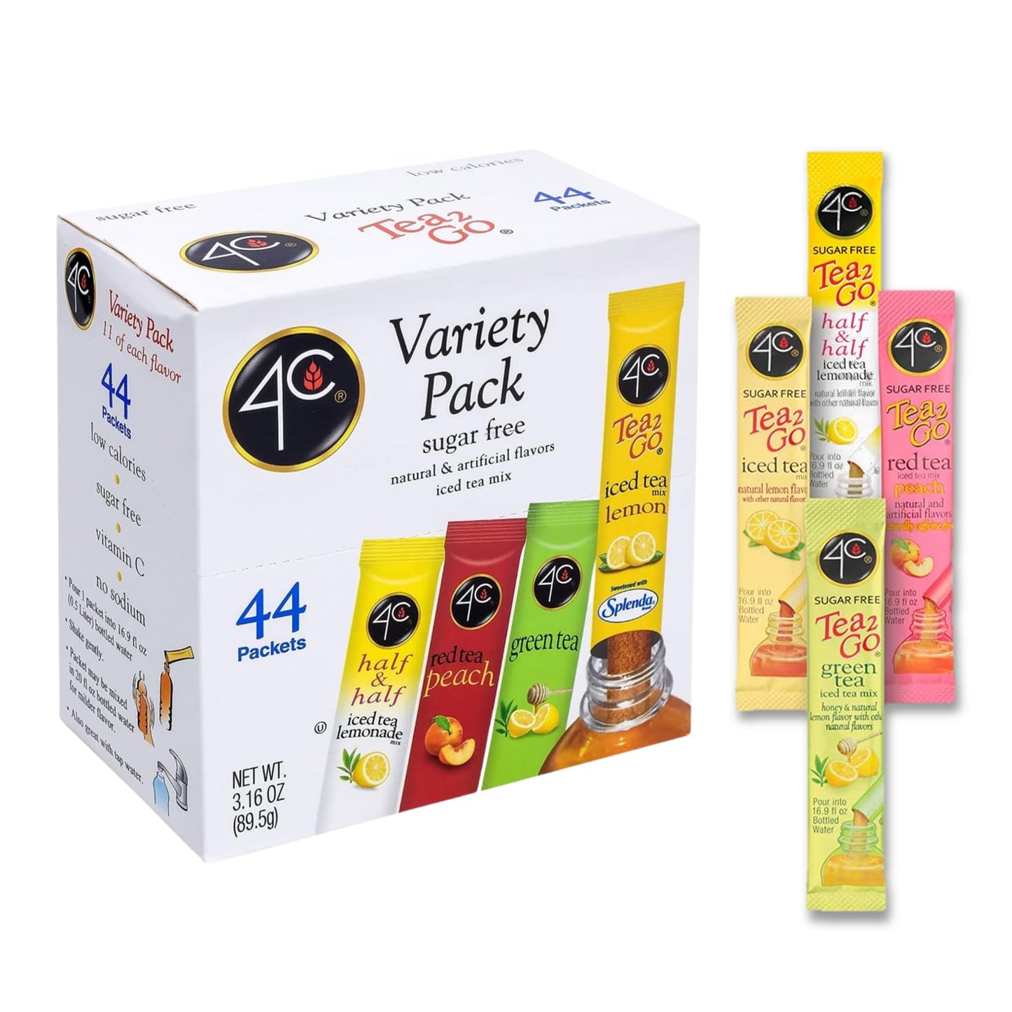 4C Iced Tea Powder Drink Mix Packets, Sugar Free, 44 Count, 3.16 Ounce, White