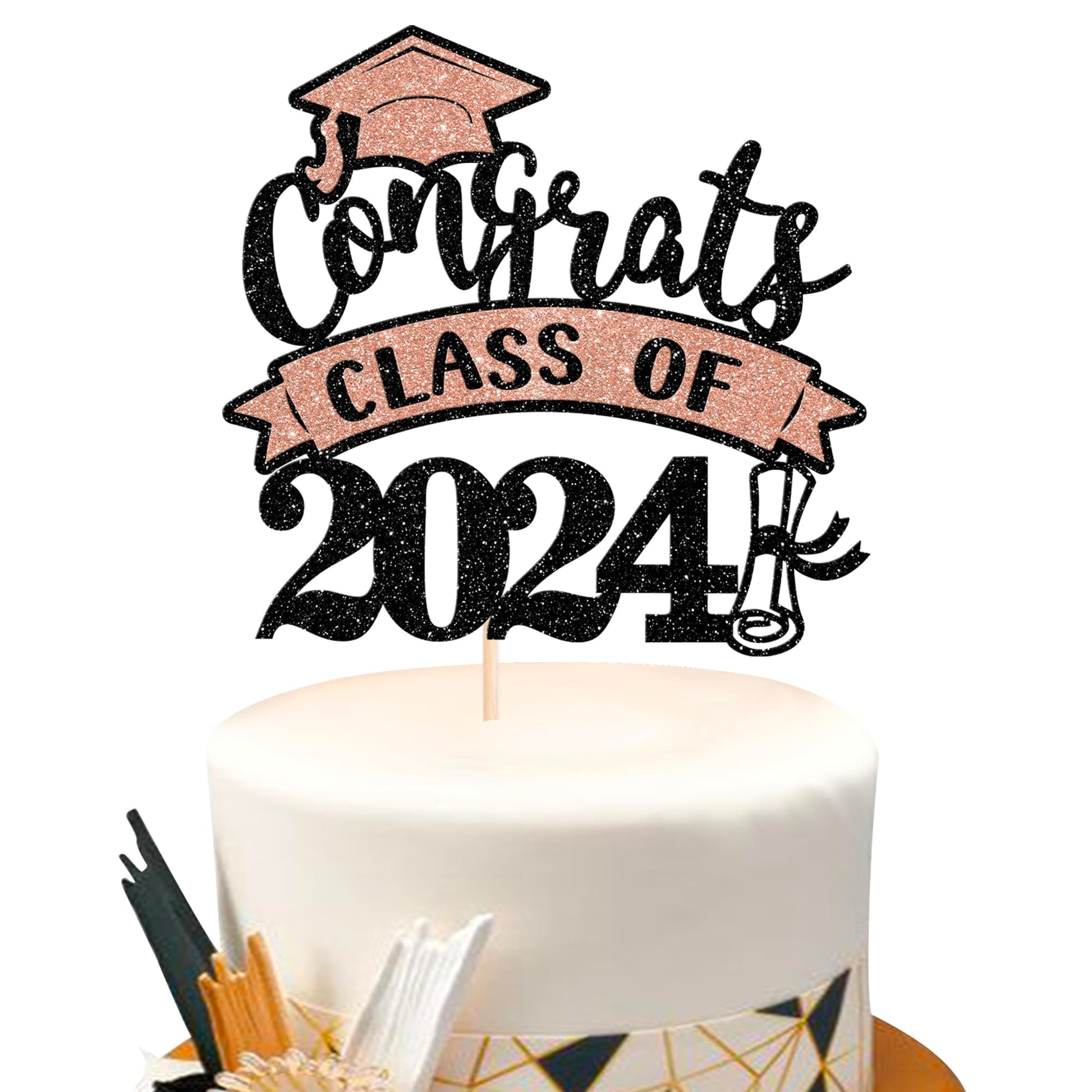 YCTHUNFISH Graduation Cake Topper, Rose Gold Glitter Diploma & Cap, Class of 2024 Decorations for High School Celebrations