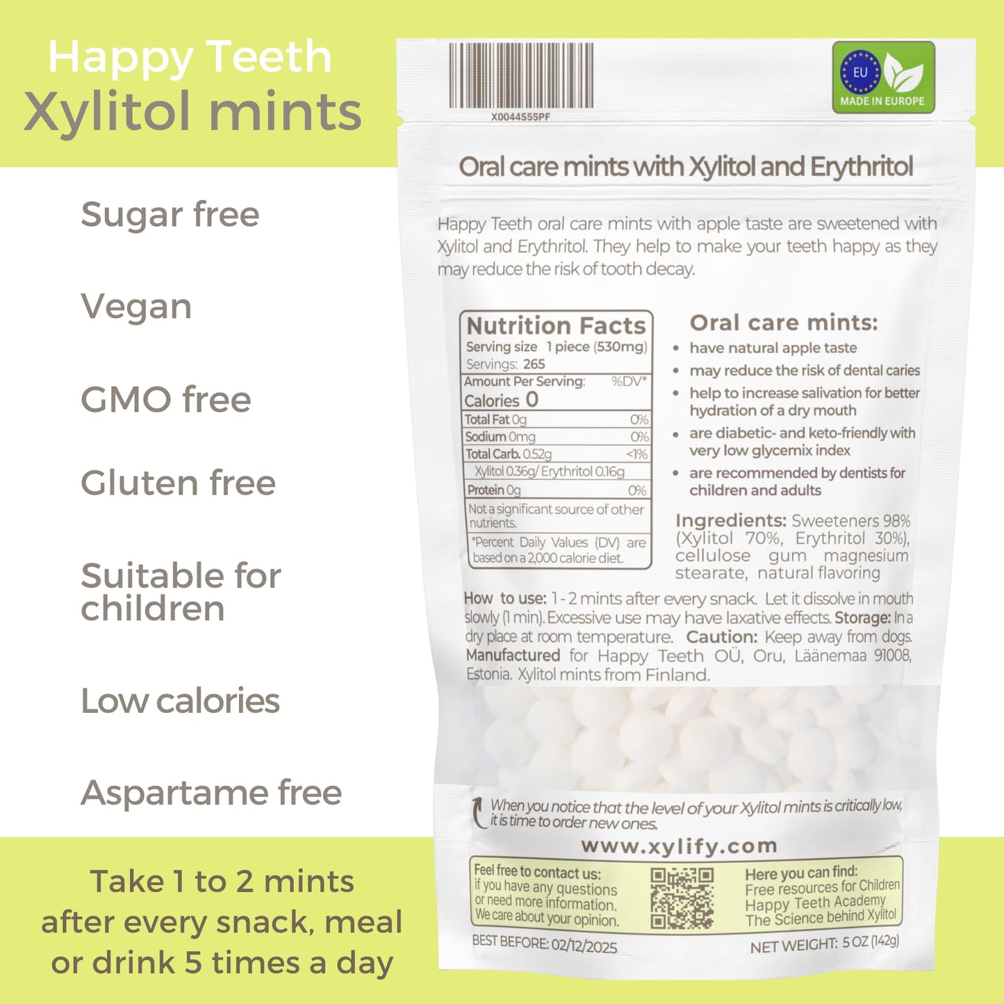 Xylitol Mints For Oral Care - Apple Flavor, With Xylitol And Erythritol, Sugar Free Candy, Happy Teeth Dental Mints From Finland