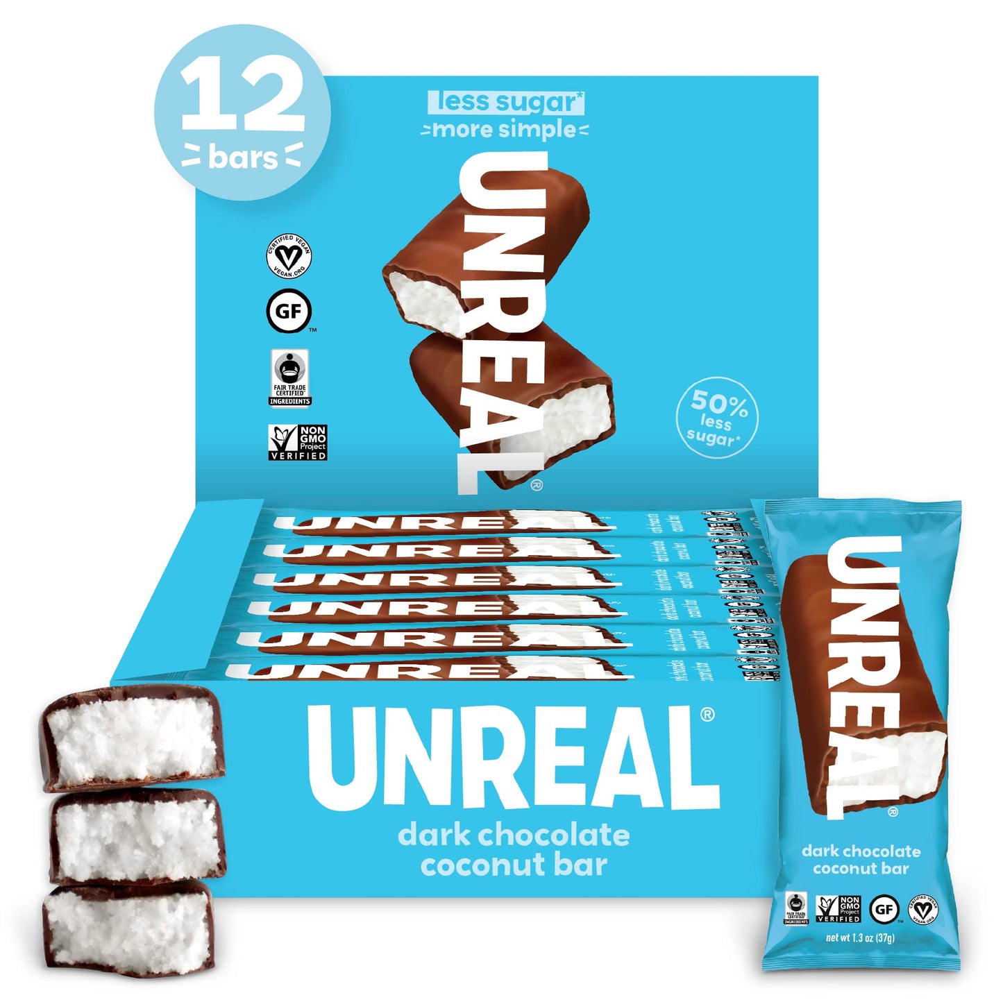 Unreal Dark Chocolate Coconut Bars | Certified Vegan, Gluten Free, Fair Trade, Non-Gmo | No Sugar Alcohols Or Soy 1.3 Oz (Pack O