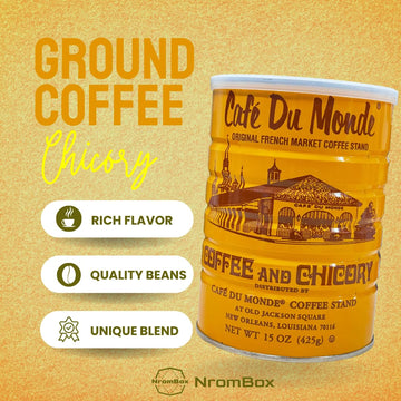 Cafe Du Monde Coffee and Chicory -15oz Medium Ground Cans (Pack of 3) | NROMBOX Barbell Bumper Plate Drink Coasters | Round Coasters for Coffee Table | Fitness Gym Accessories Gift(Color May Vary).