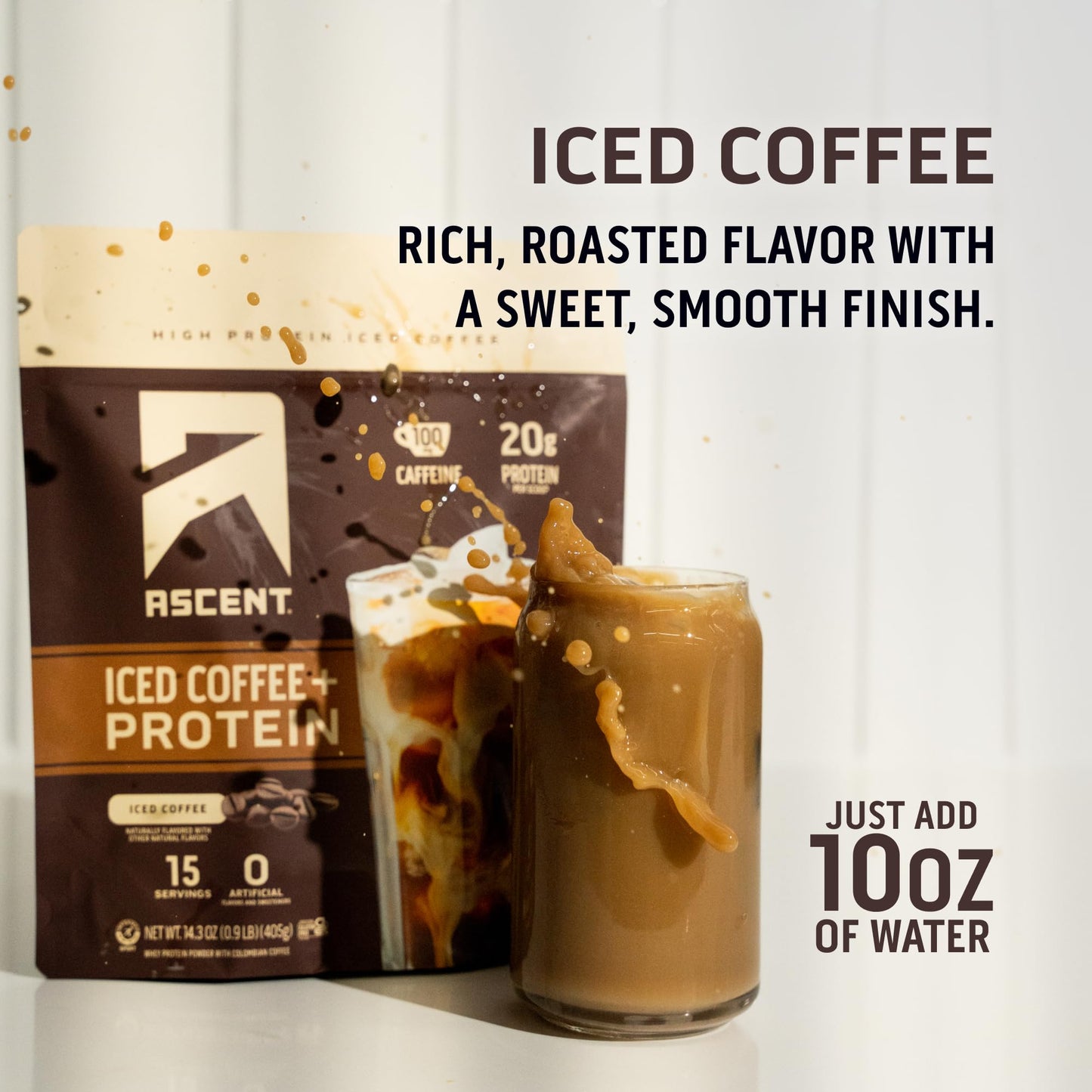 Ascent Iced Coffee Protein Powder - 20g Protein, 100mg Caffeine, 14.3 oz, Zero Artificial Flavors & Sweeteners