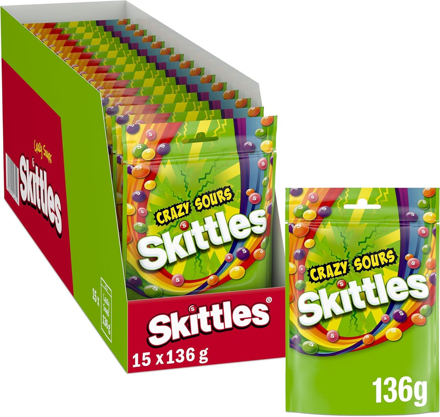 Skittles Crazy Sours Sweets Pouch Bag 136g (Pack of 15)