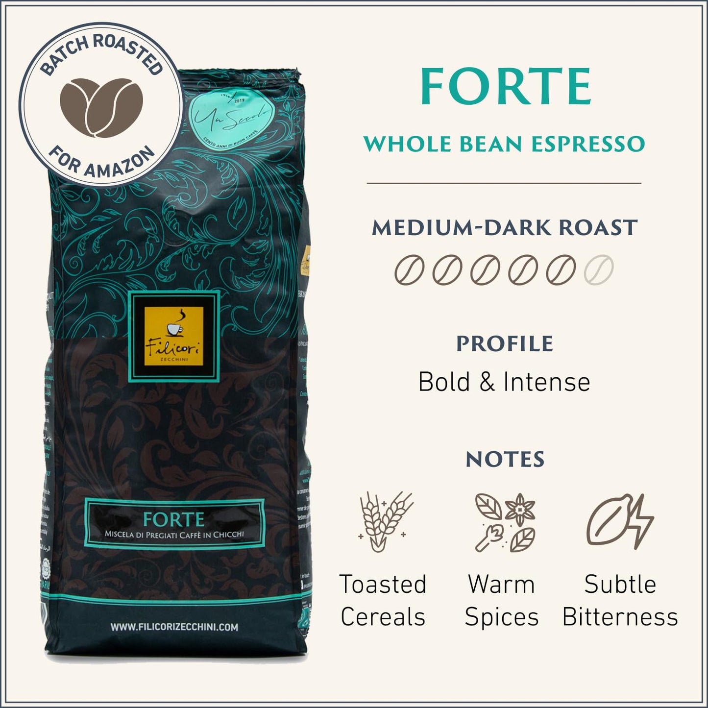 Filicori Zecchini Whole Coffee Beans, Medium Roast, Premium Arabica & Robusta, 12 oz, Forte