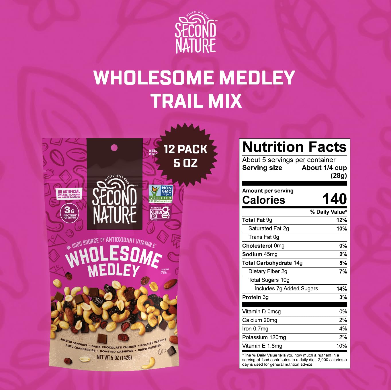 Second Nature Trail Mix - Wholesome Medley, Gluten-Free, 5 oz Resealable Snack Packs, Pack of 12, Model 1108-CP12