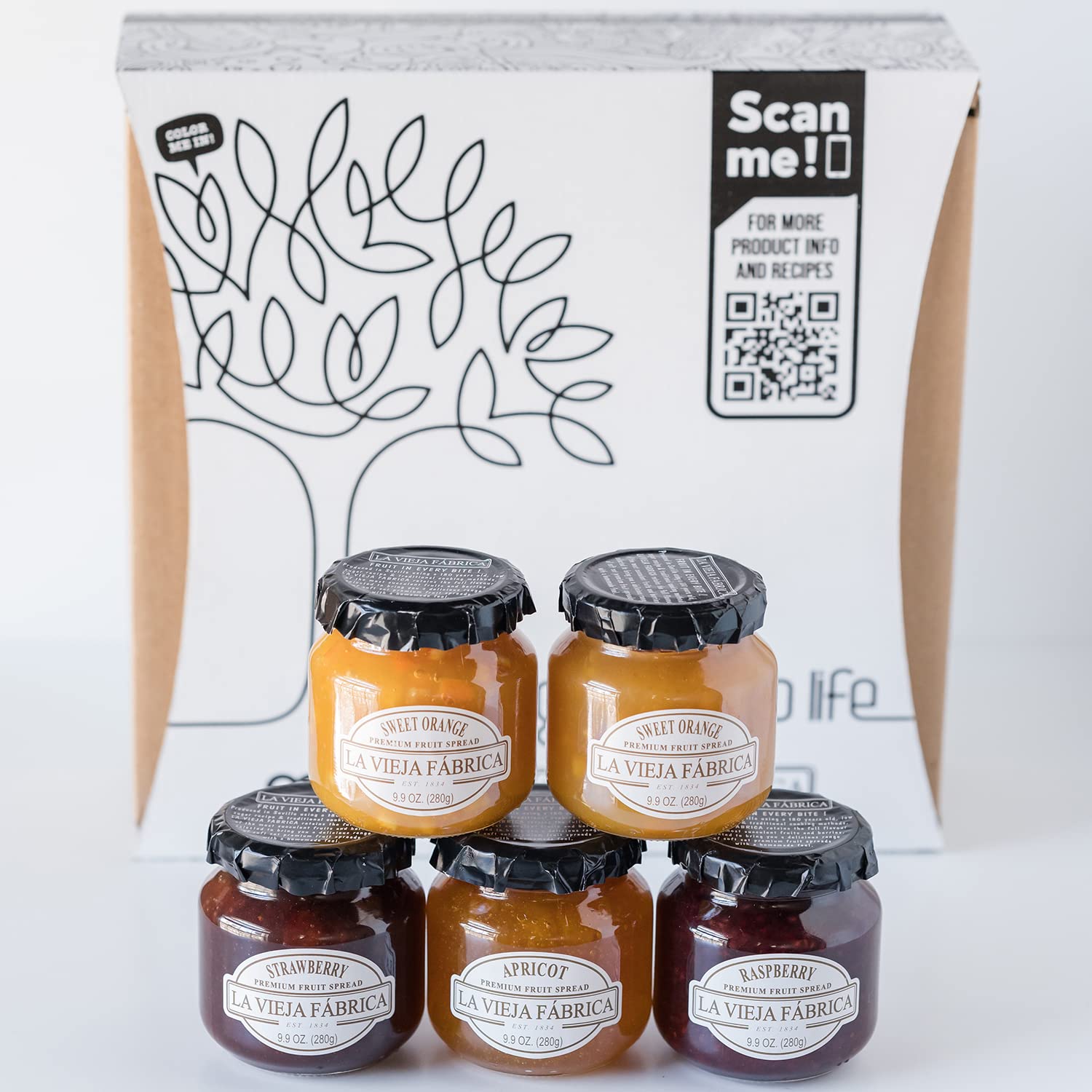 La Vieja Fabrica Fruit Spread Gift Box – Includes Sweet Orange, Peach, Apricot, Raspberry & Strawberry Jam – 9.9 Oz (5 Jars)