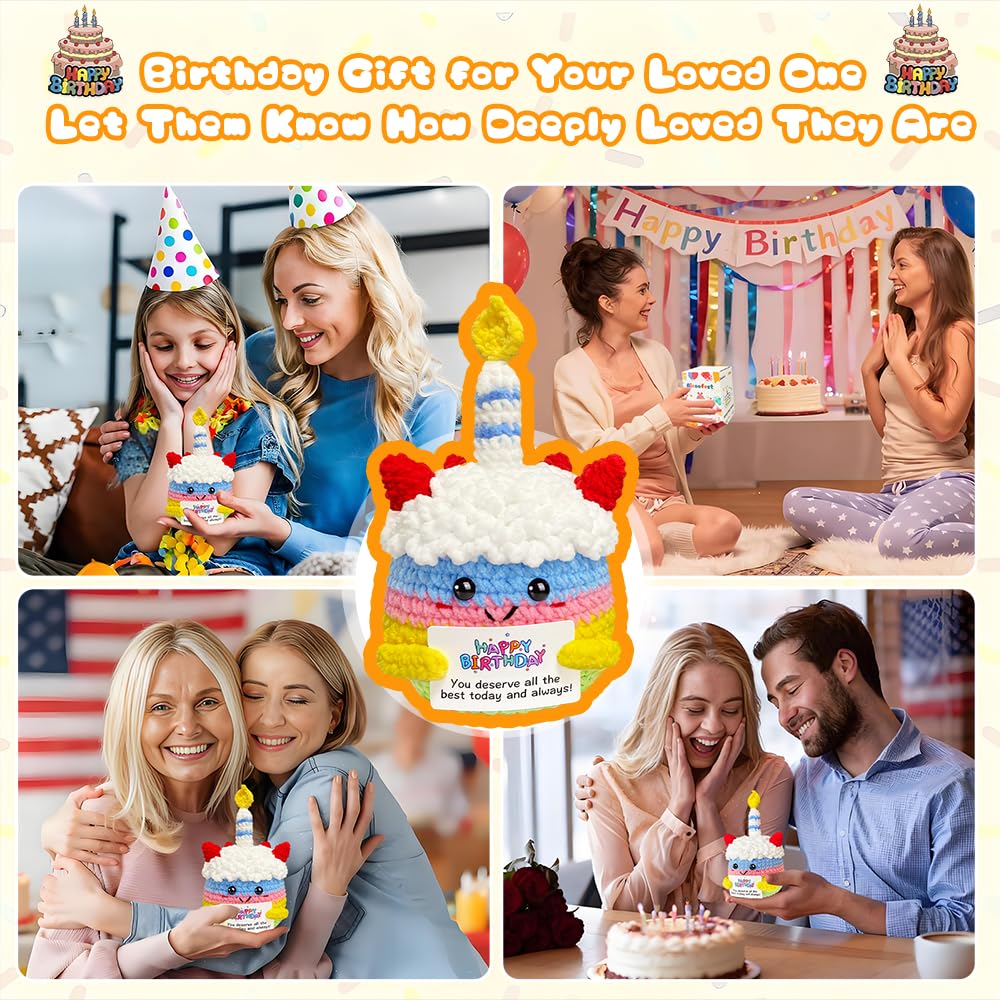Happy Birthday Gifts For Women Her Girls Unique Emotional Support Crochet Positive Cake Plush Birthday Gift For Best Friend, Small Crochet Animal With Bday Card For Teen Mom Grandma Daughter Sister