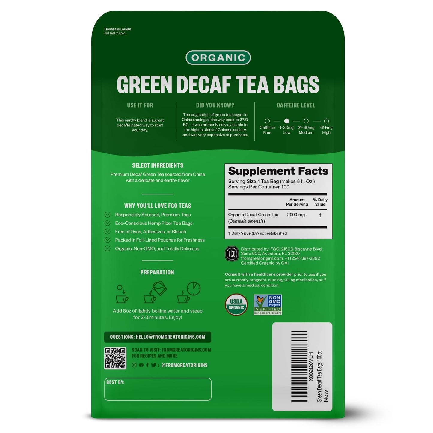 FGO Organic Green Decaf Tea  100 Count  Eco-Conscious Tea Bags  Resealable Bag  Caffeine Free  Packaging May Vary (Pack of 1)